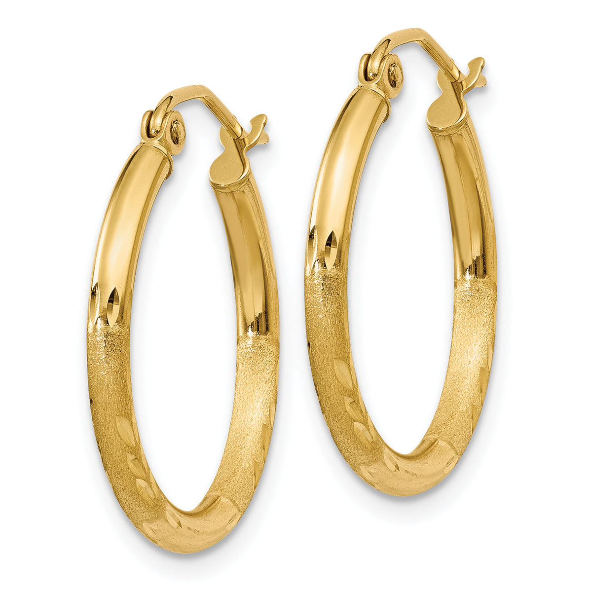14k Satin and Diamond-cut 2mm Round Tube Hoop Earrings-TC210