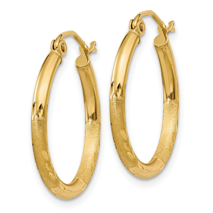 14k Satin and Diamond-cut 2mm Round Tube Hoop Earrings-TC210