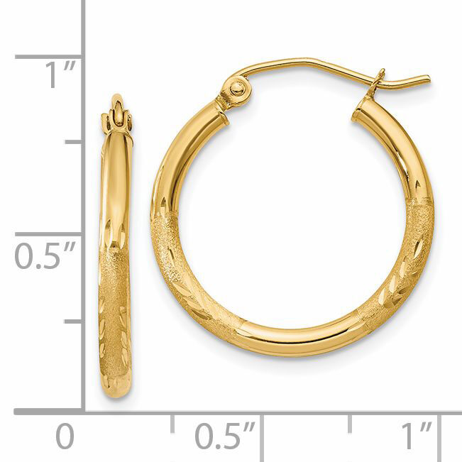 14k Satin and Diamond-cut 2mm Round Tube Hoop Earrings-TC210