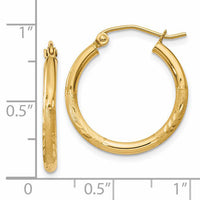 14k Satin and Diamond-cut 2mm Round Tube Hoop Earrings-TC210