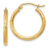 14k Satin and Diamond-cut 2mm Round Tube Hoop Earrings-TC210