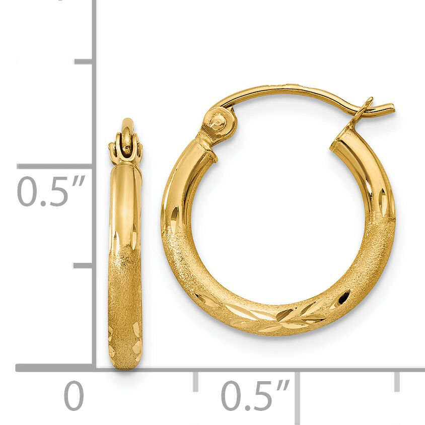 14k Satin and Diamond-cut 2mm Round Tube Hoop Earrings-TC211