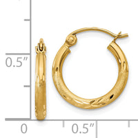 14k Satin and Diamond-cut 2mm Round Tube Hoop Earrings-TC211