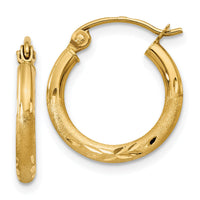 14k Satin and Diamond-cut 2mm Round Tube Hoop Earrings-TC211