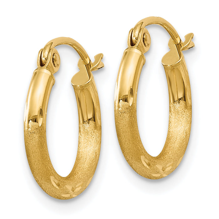14k Satin and Diamond-cut 2mm Round Tube Hoop Earrings-TC212