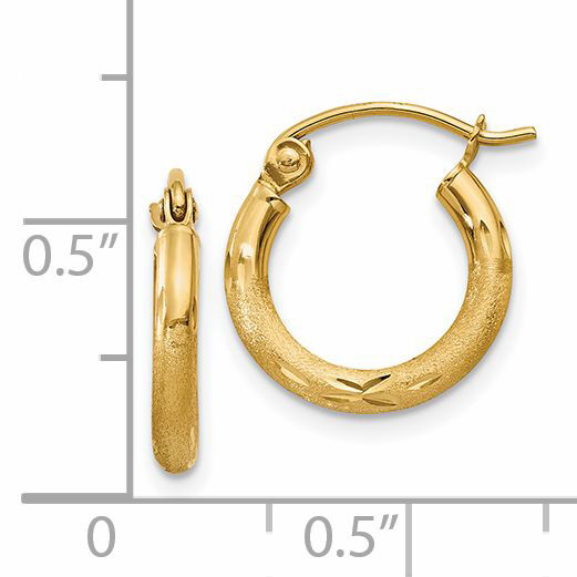 14k Satin and Diamond-cut 2mm Round Tube Hoop Earrings-TC212
