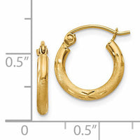 14k Satin and Diamond-cut 2mm Round Tube Hoop Earrings-TC212