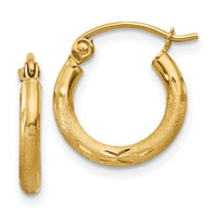 14k Satin and Diamond-cut 2mm Round Tube Hoop Earrings-TC212