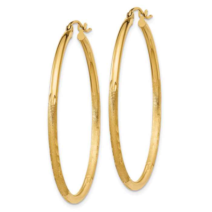 14k Satin and Diamond-cut 2mm Round Tube Hoop Earrings-TC213