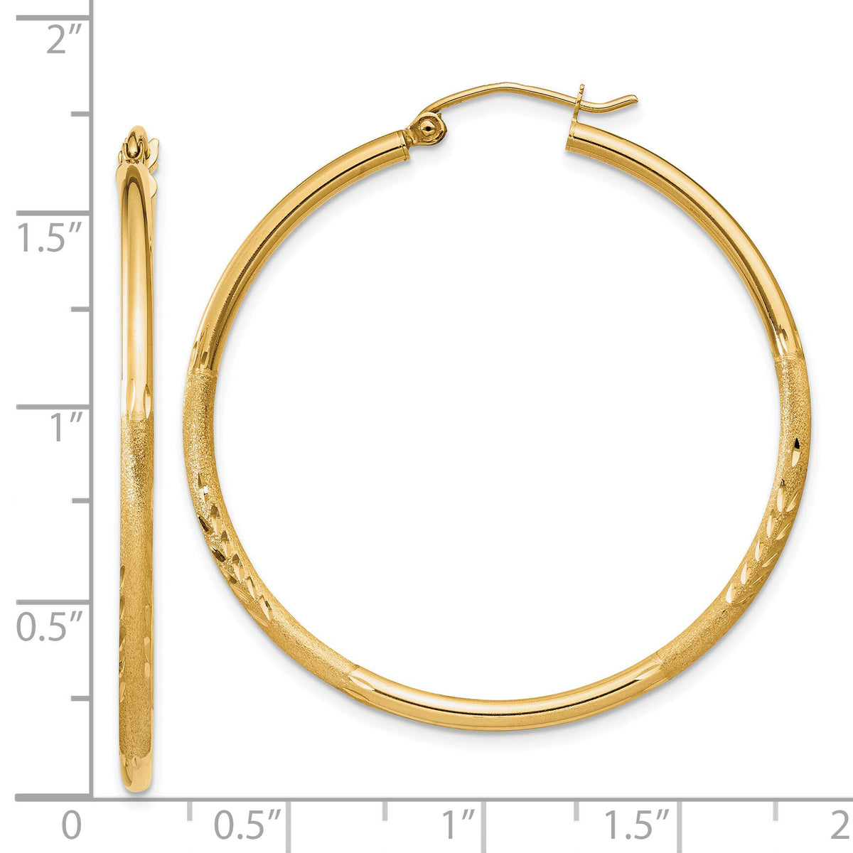 14k Satin and Diamond-cut 2mm Round Tube Hoop Earrings-TC213