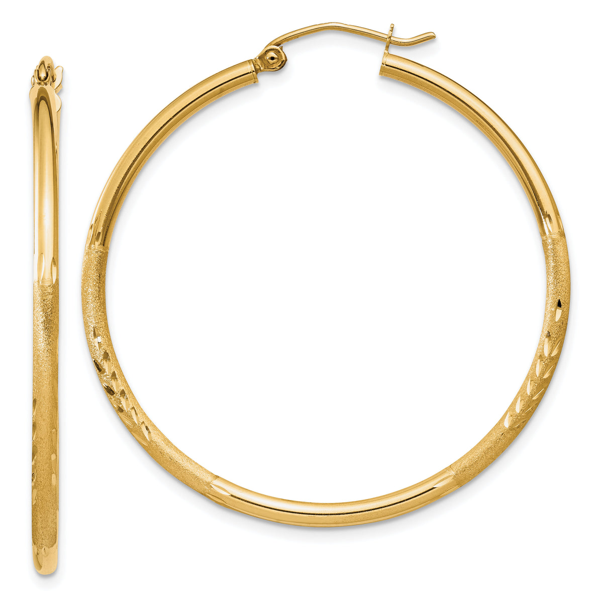 14k Satin and Diamond-cut 2mm Round Tube Hoop Earrings-TC213