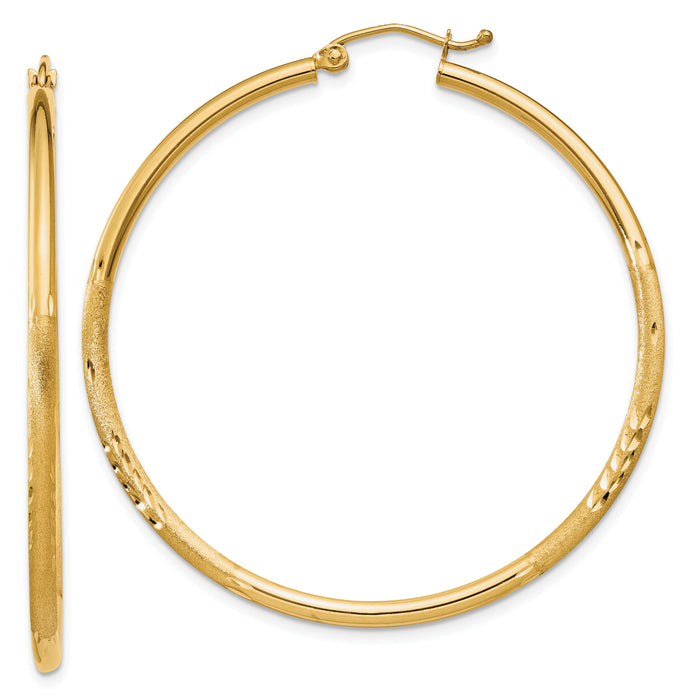 14k Satin and Diamond-cut 2mm Round Tube Hoop Earrings-TC214