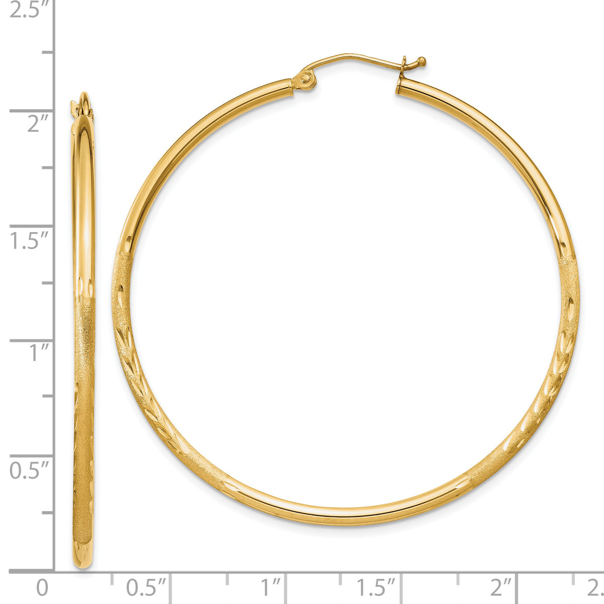 14k Satin and Diamond-cut 2mm Round Tube Hoop Earrings-TC215