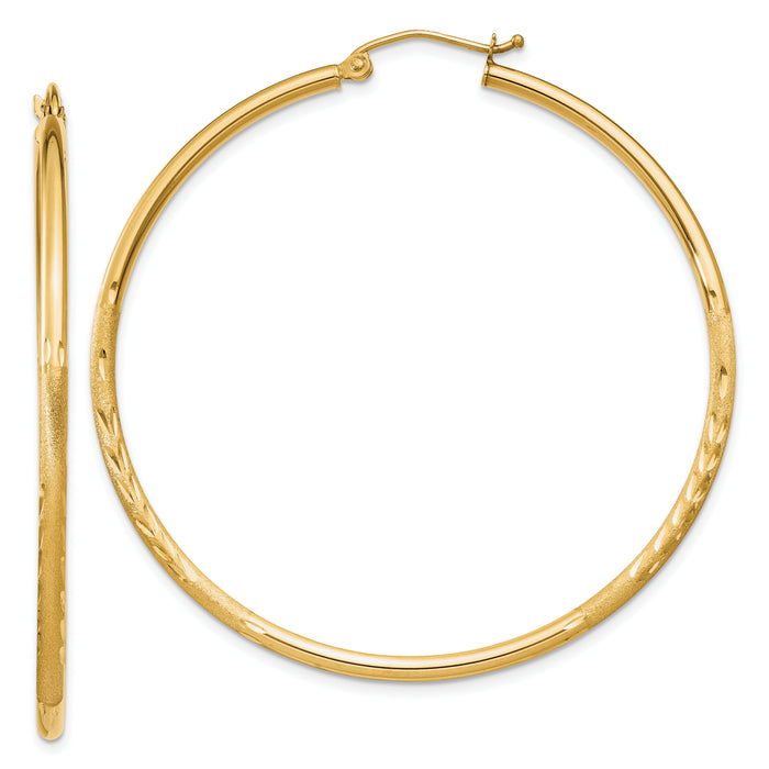 14k Satin and Diamond-cut 2mm Round Tube Hoop Earrings-TC215
