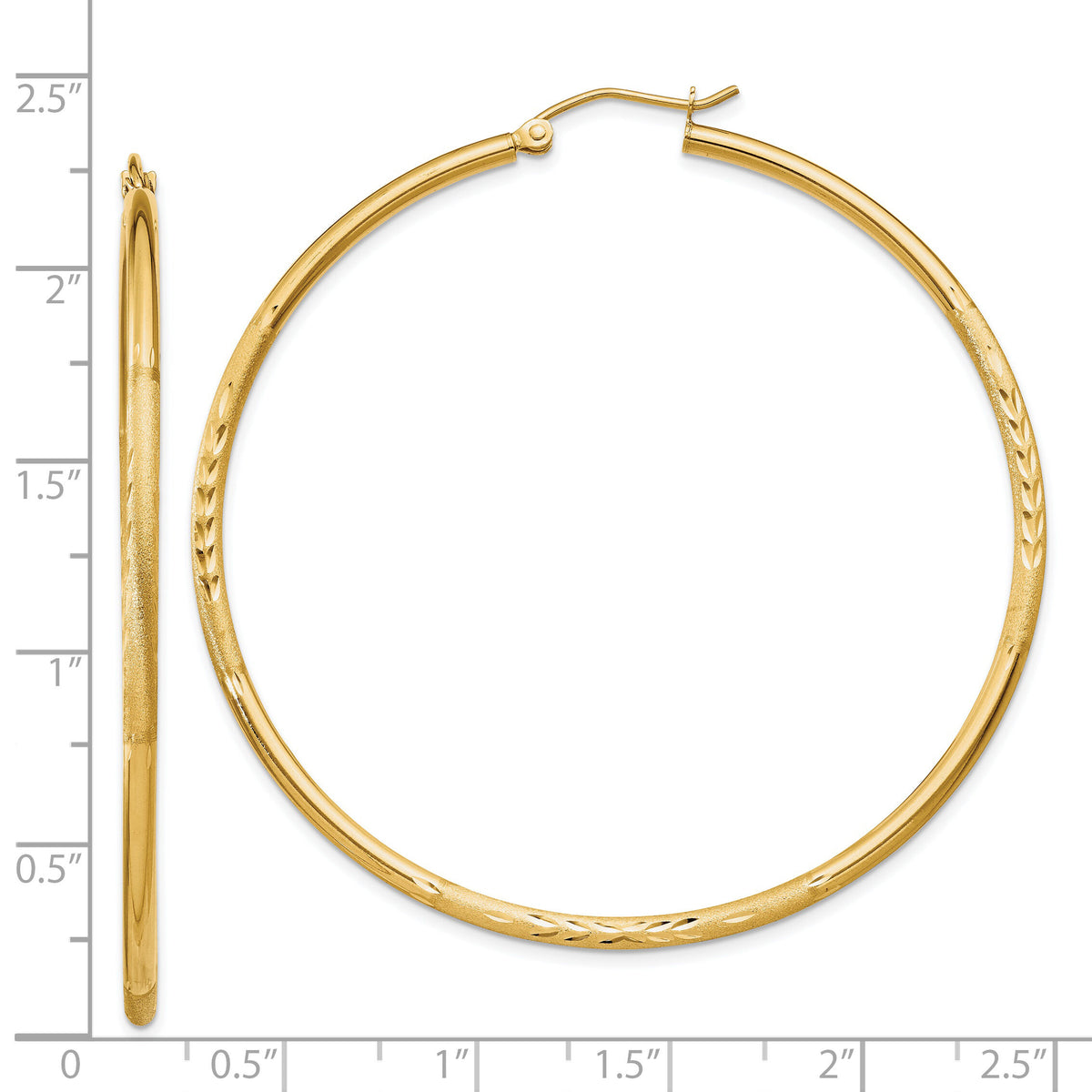 14k Satin and Diamond-cut 2mm Round Tube Hoop Earrings-TC216