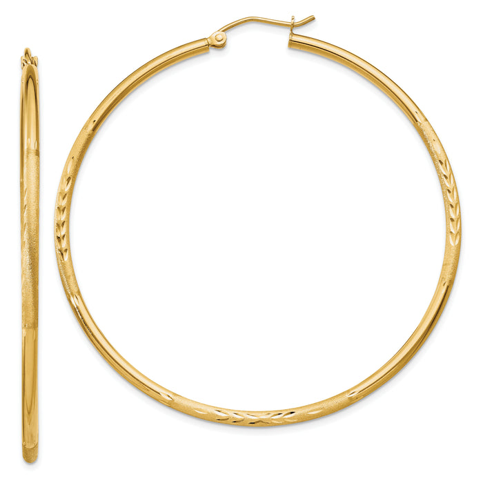 14k Satin and Diamond-cut 2mm Round Tube Hoop Earrings-TC216