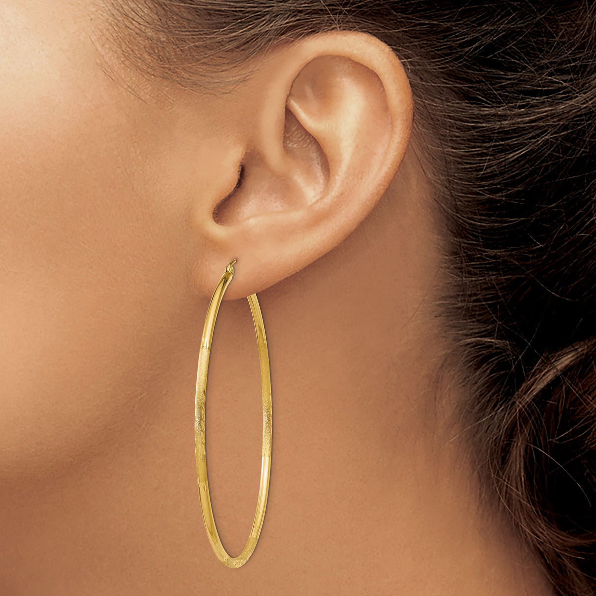 14k Satin and Diamond-cut 2mm Round Tube Hoop Earrings-TC217
