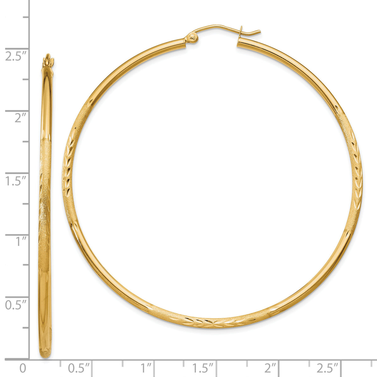 14k Satin and Diamond-cut 2mm Round Tube Hoop Earrings-TC217