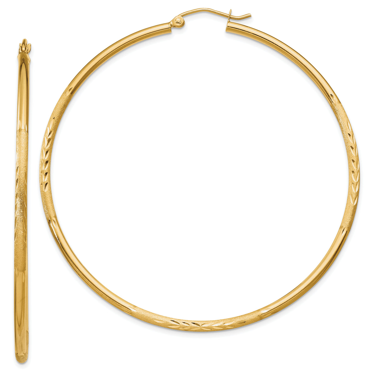 14k Satin and Diamond-cut 2mm Round Tube Hoop Earrings-TC217