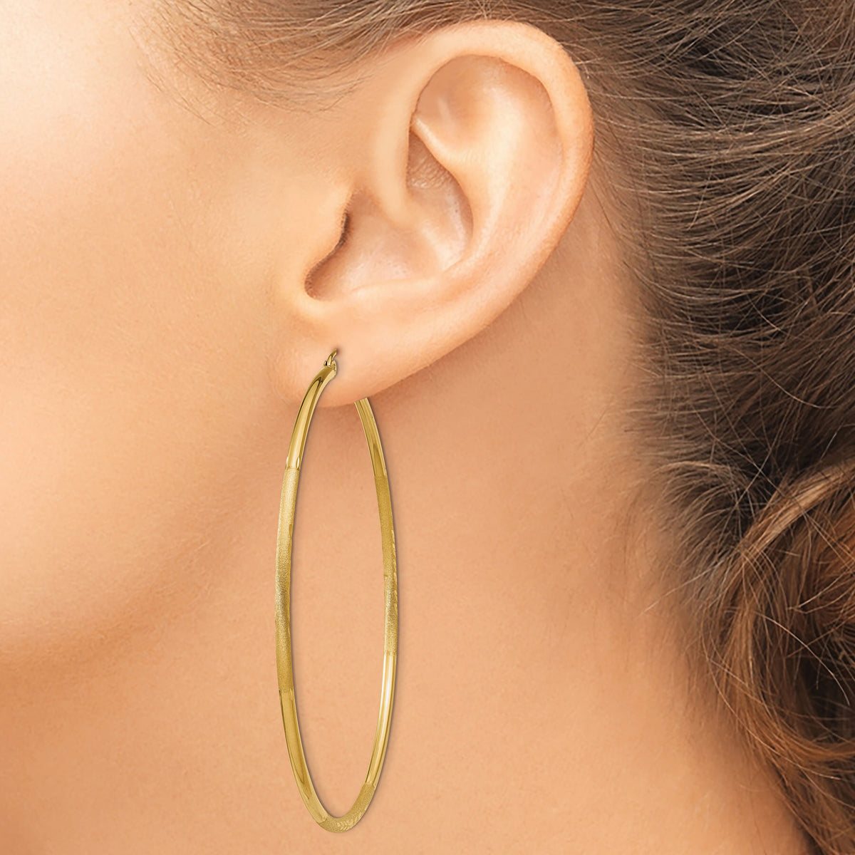 14k Satin and Diamond-cut 2mm Round Tube Hoop Earrings-TC218