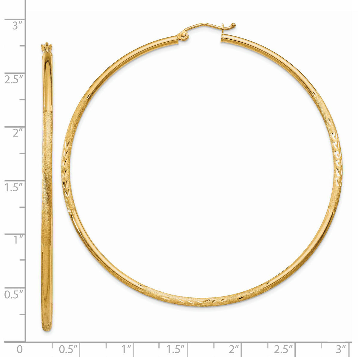 14k Satin and Diamond-cut 2mm Round Tube Hoop Earrings-TC218