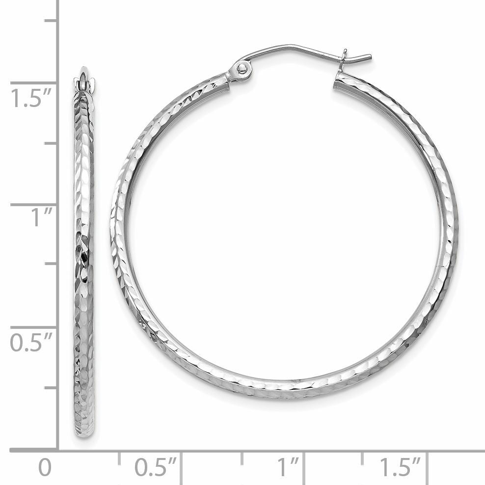 14k White Gold Diamond-cut 2mm Round Tube Hoop Earrings-TC219