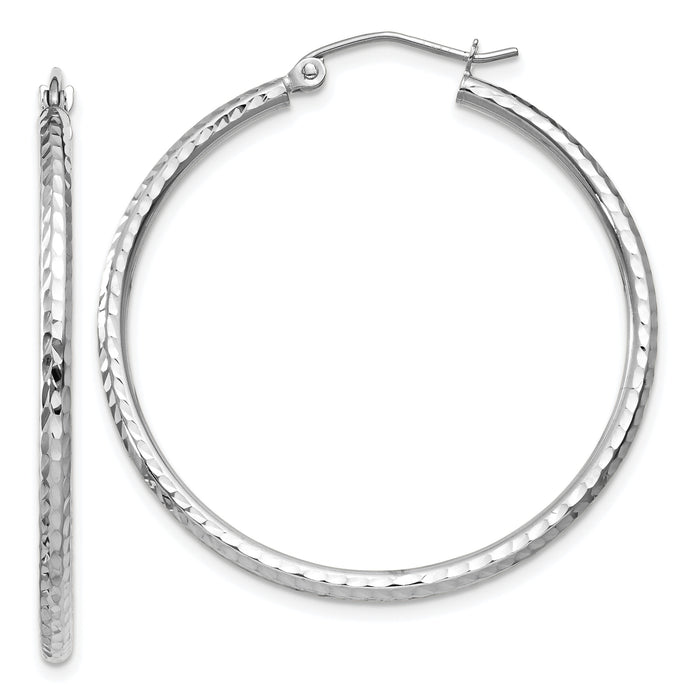 14k White Gold Diamond-cut 2mm Round Tube Hoop Earrings-TC219