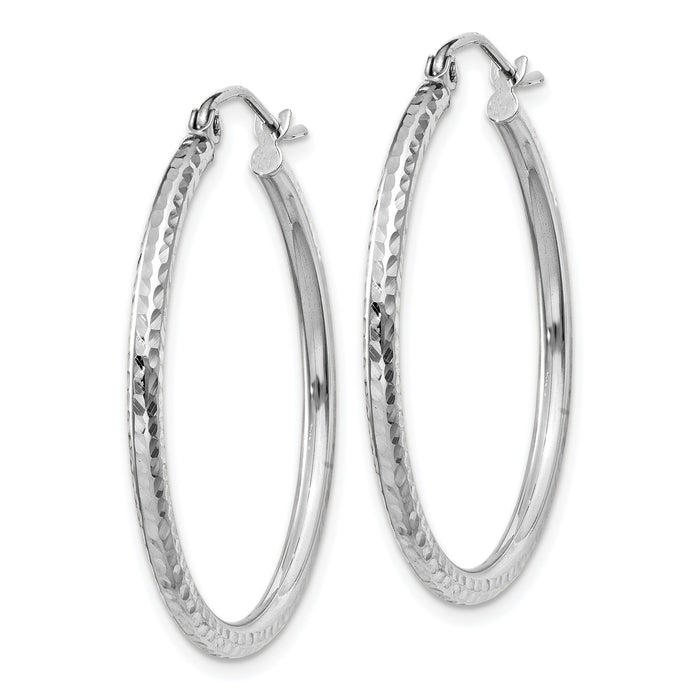 14k White Gold Diamond-cut 2mm Round Tube Hoop Earrings-TC220