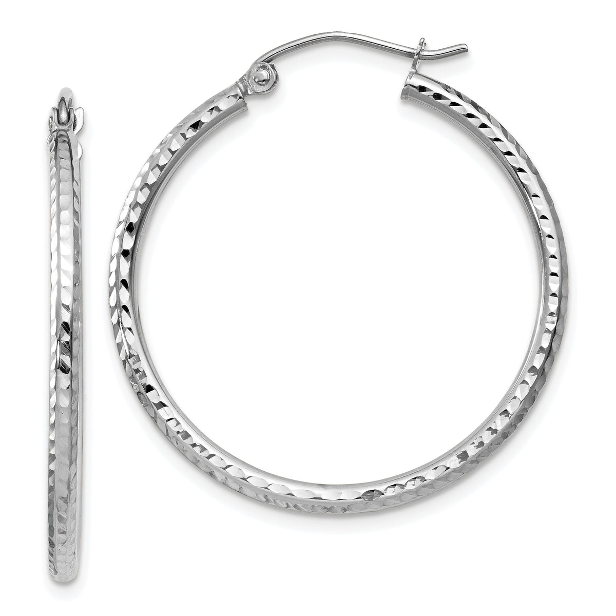 14k White Gold Diamond-cut 2mm Round Tube Hoop Earrings-TC220