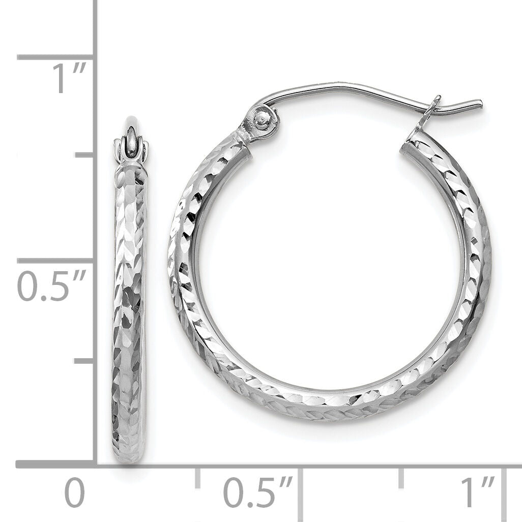 14k White Gold Diamond-cut 2mm Round Tube Hoop Earrings-TC222