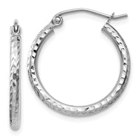 14k White Gold Diamond-cut 2mm Round Tube Hoop Earrings-TC222