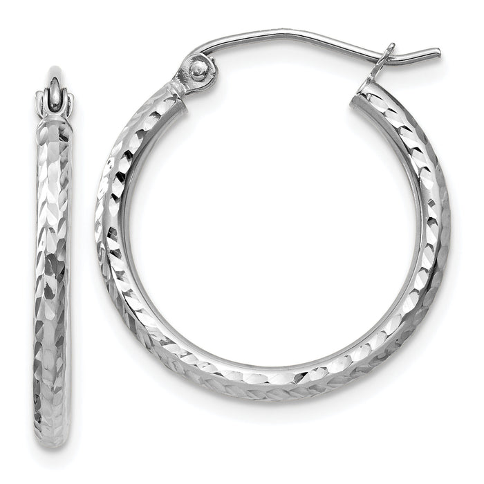 14k White Gold Diamond-cut 2mm Round Tube Hoop Earrings-TC222