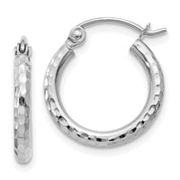 14k White Gold Diamond-cut 2mm Round Tube Hoop Earrings-TC223