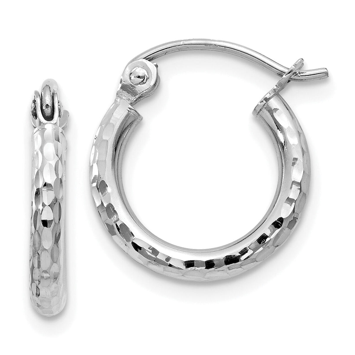 14k White Gold Diamond-cut 2mm Round Tube Hoop Earrings-TC224