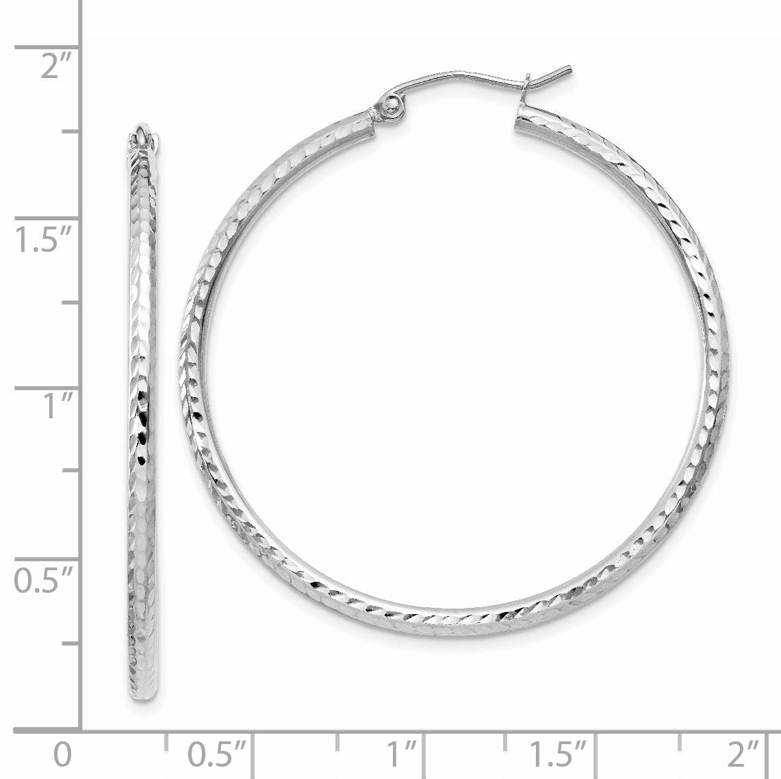 14k White Gold Diamond-cut 2mm Round Tube Hoop Earrings-TC225
