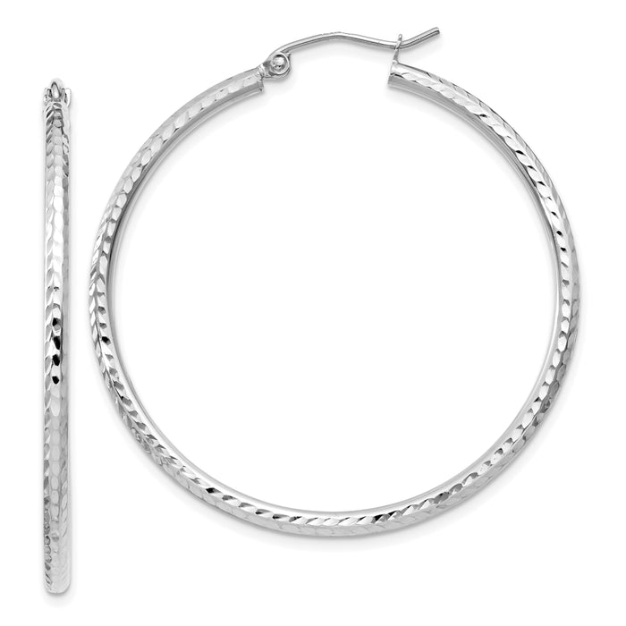 14k White Gold Diamond-cut 2mm Round Tube Hoop Earrings-TC225