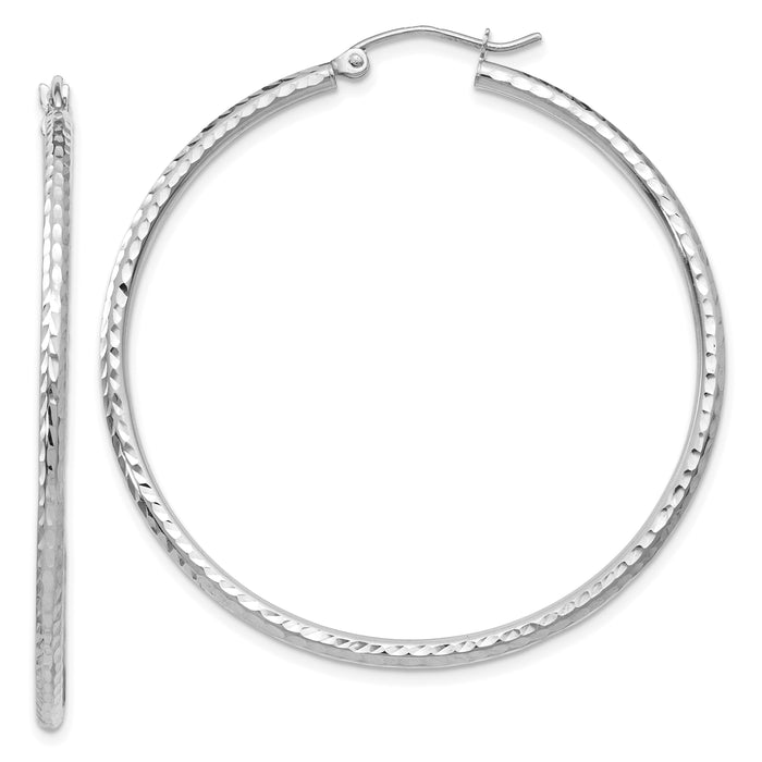 14k White Gold Diamond-cut 2mm Round Tube Hoop Earrings-TC226