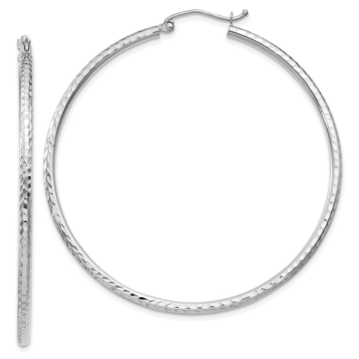 14k White Gold Diamond-cut 2mm Round Tube Hoop Earrings-TC227