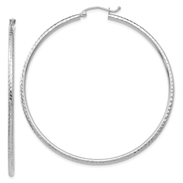 14k White Gold Diamond-cut 2mm Round Tube Hoop Earrings-TC228