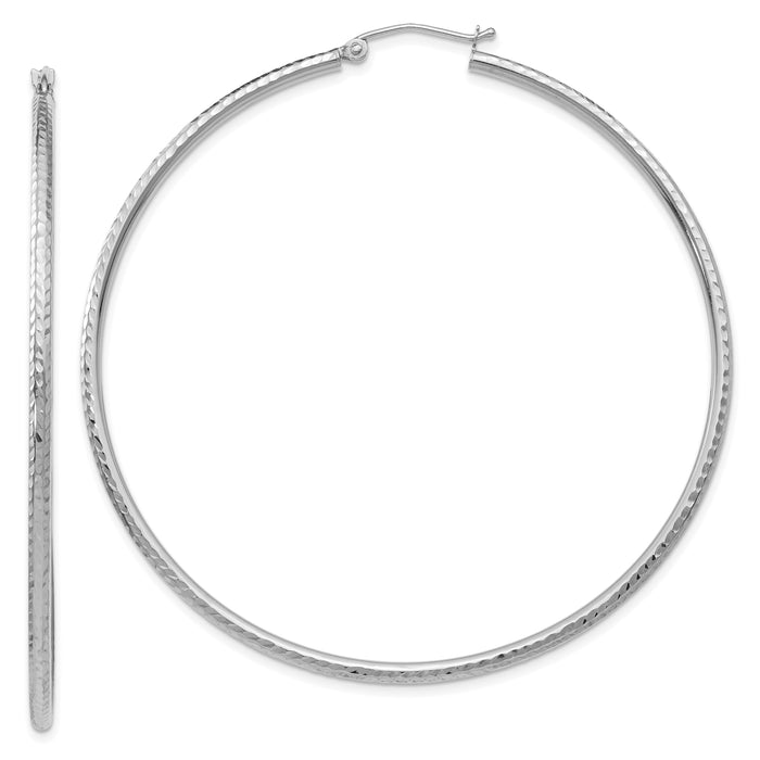 14k White Gold Diamond-cut 2mm Round Tube Hoop Earrings-TC229