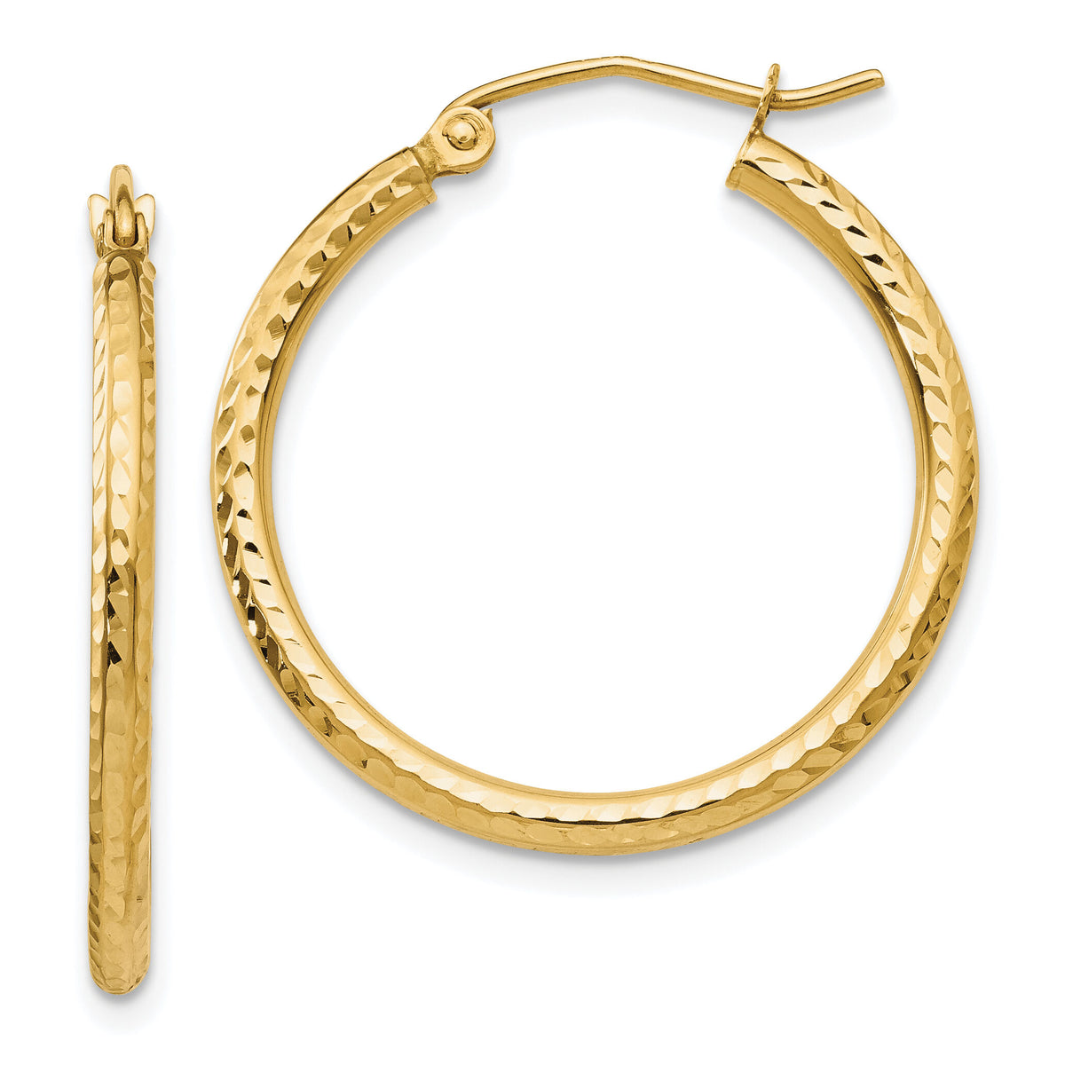 14k Diamond-cut 2mm Round Tube Hoop Earrings-TC232