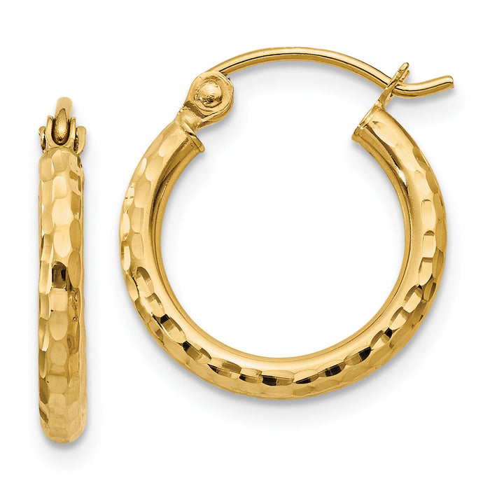 14k Diamond-cut 2mm Round Tube Hoop Earrings-TC234