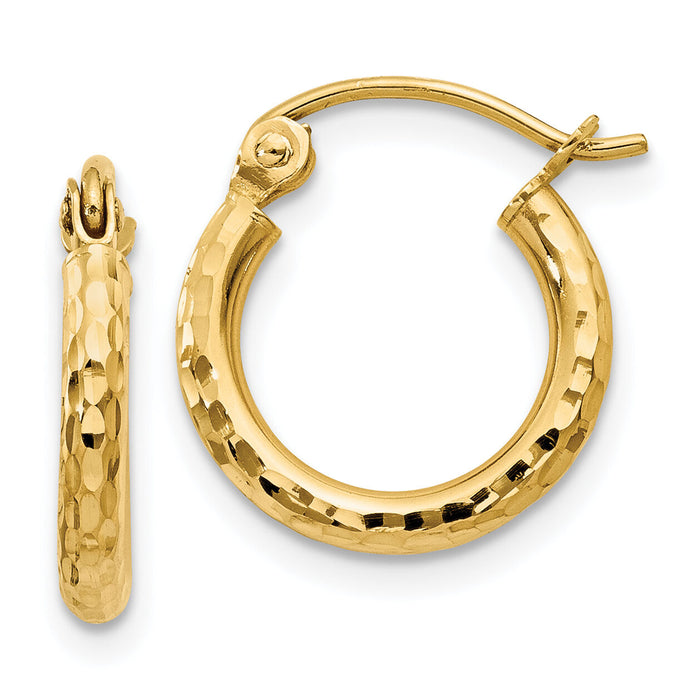 14k Diamond-cut 2mm Round Tube Hoop Earrings-TC235