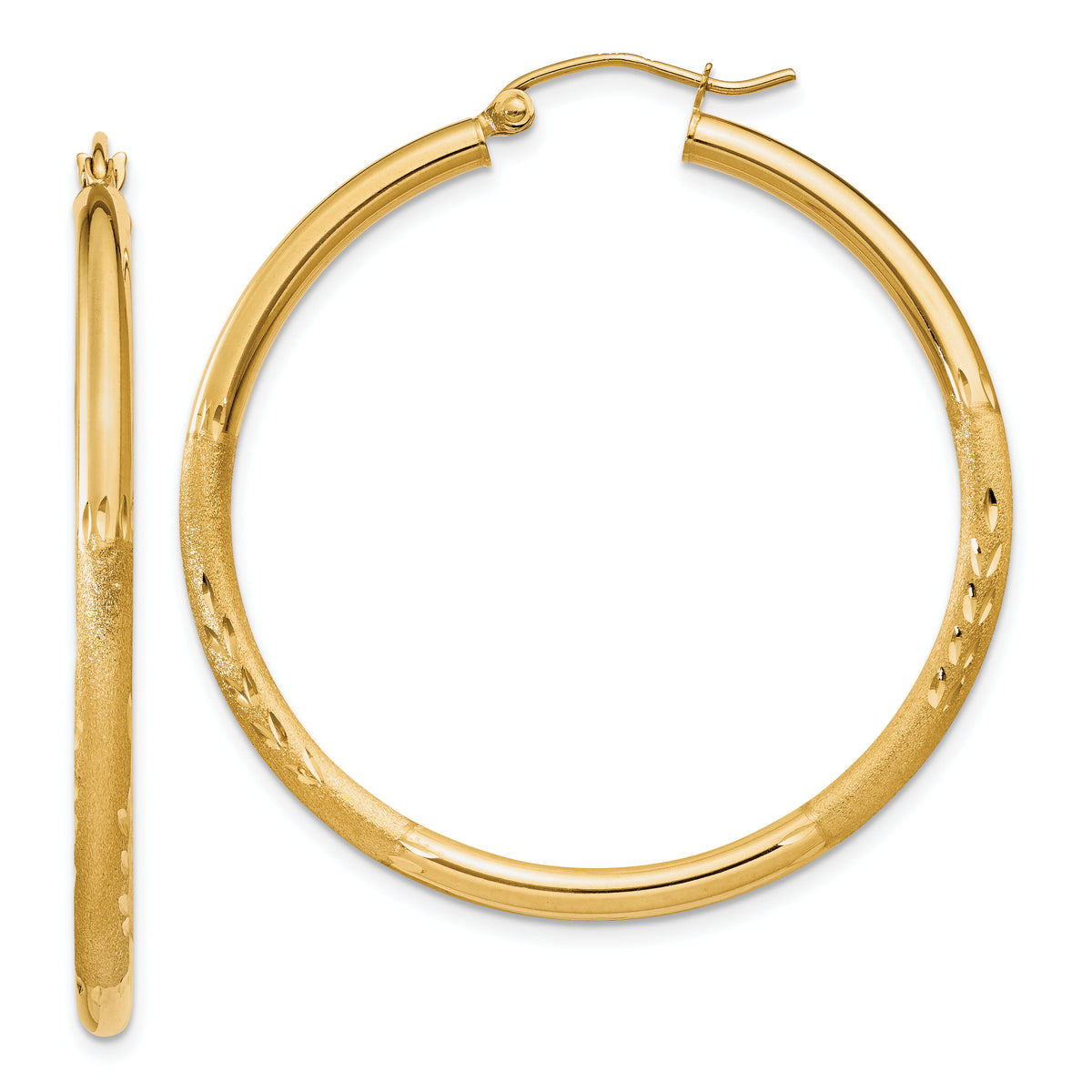 14k Satin and Diamond-cut 2.5mm Round Hoop Earrings-TC241