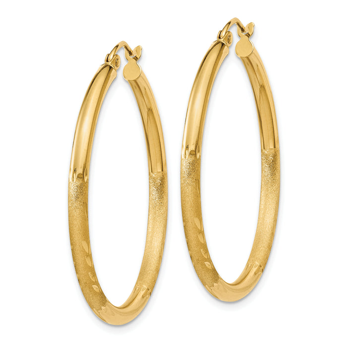 14k Satin & Diamond-cut 2.5mm Round Hoop Earrings-TC242