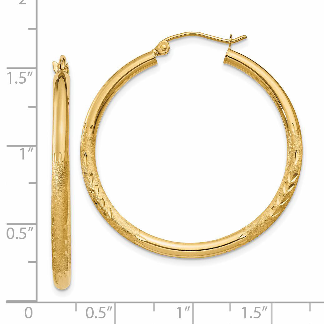 14k Satin & Diamond-cut 2.5mm Round Hoop Earrings-TC242