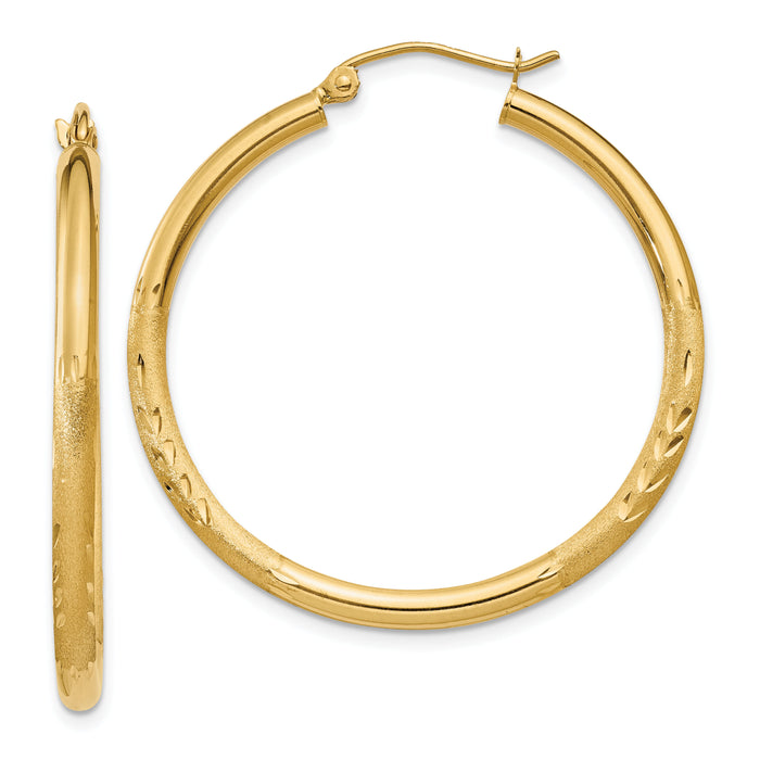 14k Satin & Diamond-cut 2.5mm Round Hoop Earrings-TC242