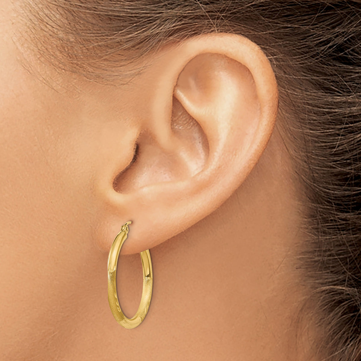 14k Satin and Diamond-cut 2.5mm Round Hoop Earrings-TC244