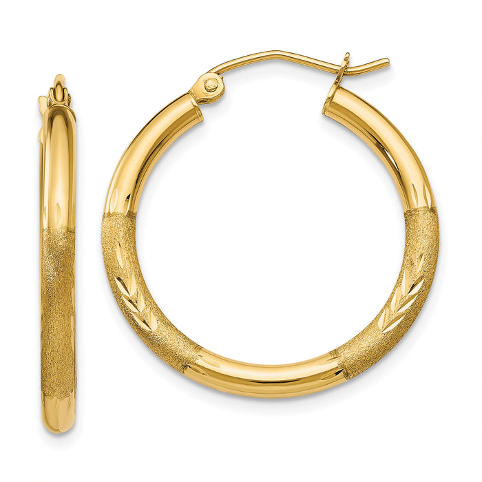 14k Satin and Diamond-cut 2.5mm Round Hoop Earrings-TC244