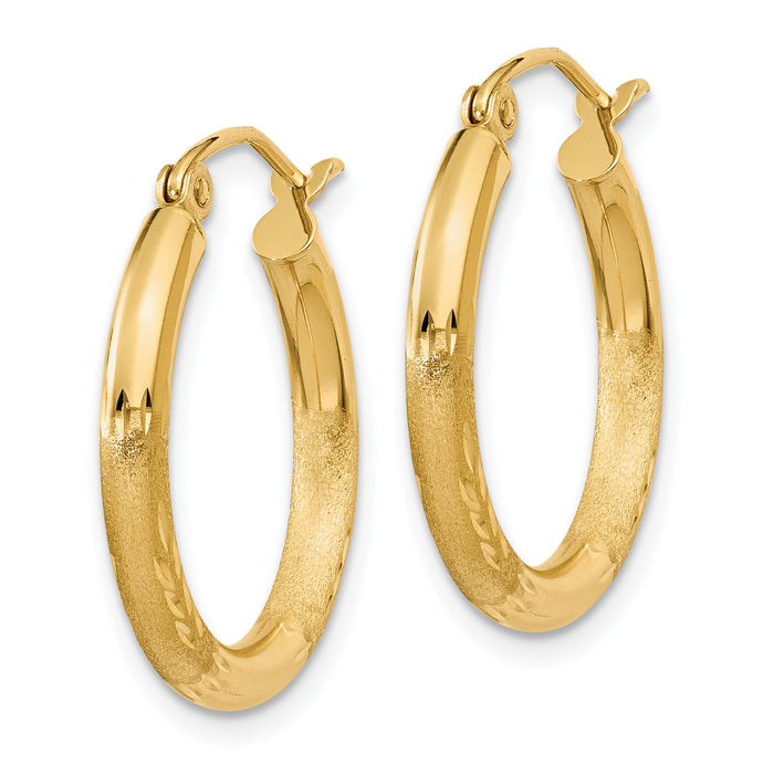 14k Satin and Diamond-cut 2.5mm Round Hoop Earrings-TC245